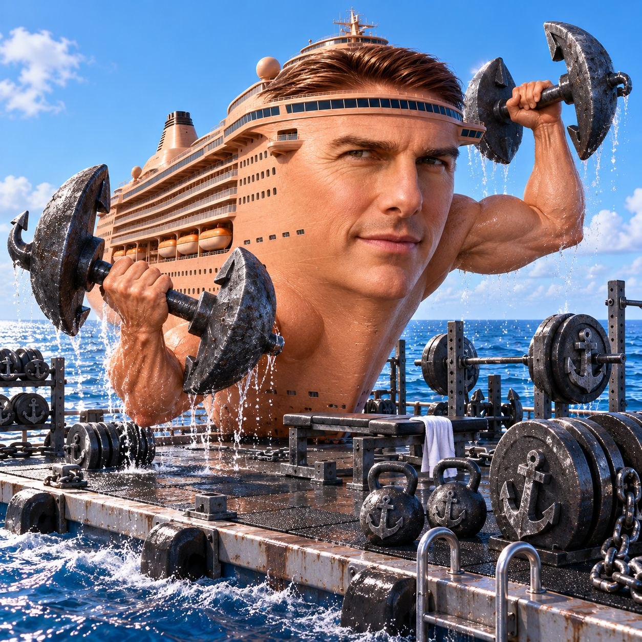 Tom Cruise ship head flexing muscular arms lifting anchor dumbbells at a sea gym